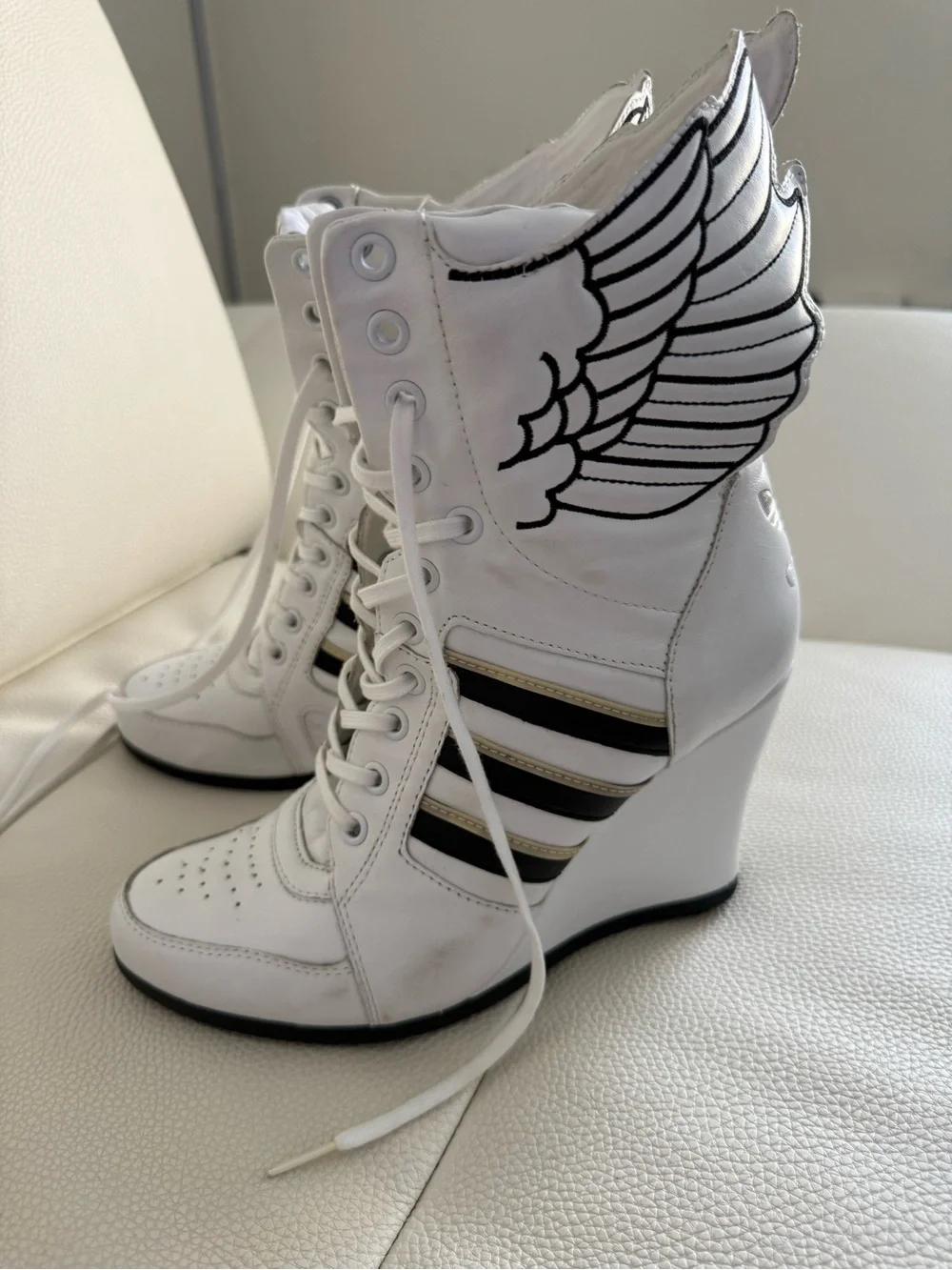 Jeremy Scott White Wedge Sneakers with Black and Gold Stripes and Wing Detail 10